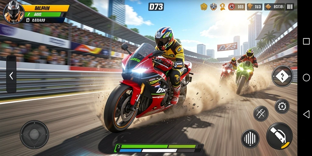 Gameplay seru D73 saat balapan motor yang menantang.
