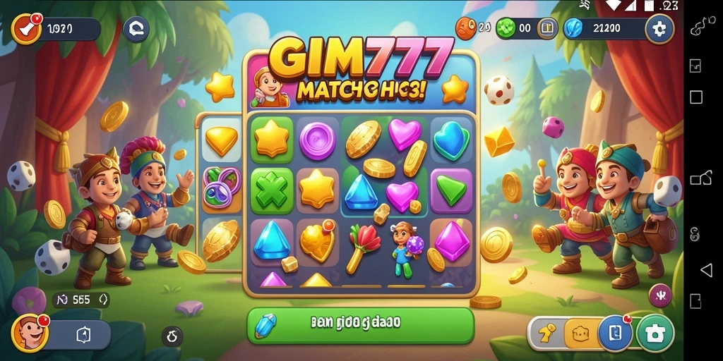 Screenshot GIM777 menampilkan aksi mencocokkan objek warna-warni dalam gameplay Match-3.
