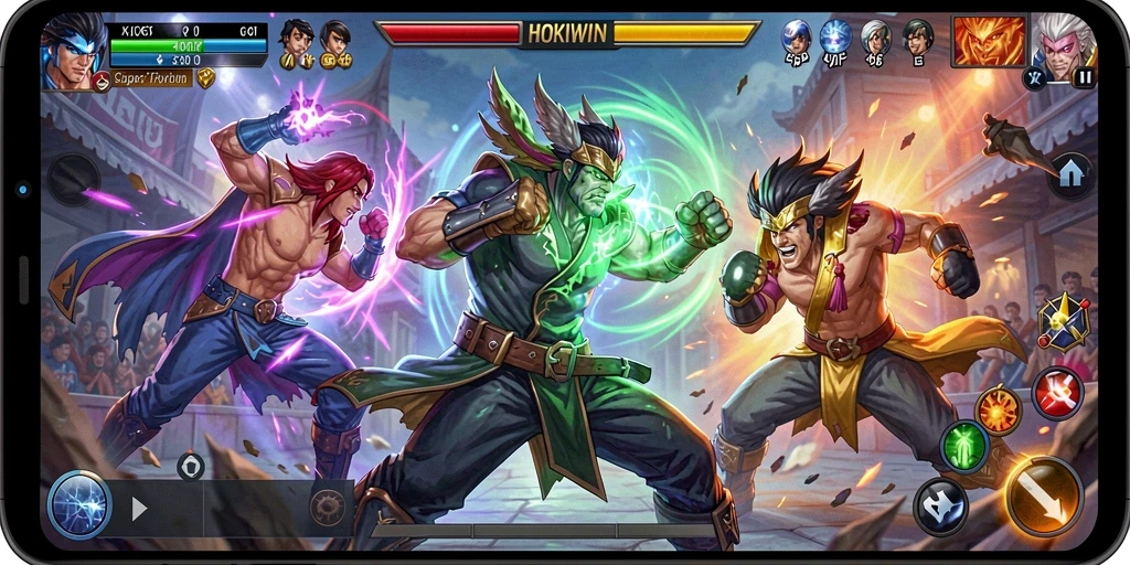 Screenshot gameplay HOKIWIN menampilkan pertarungan karakter yang epik.