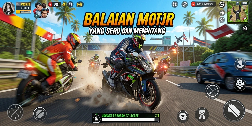 Tampilan gameplay PG11 dengan balapan motor yang intens dan seru.