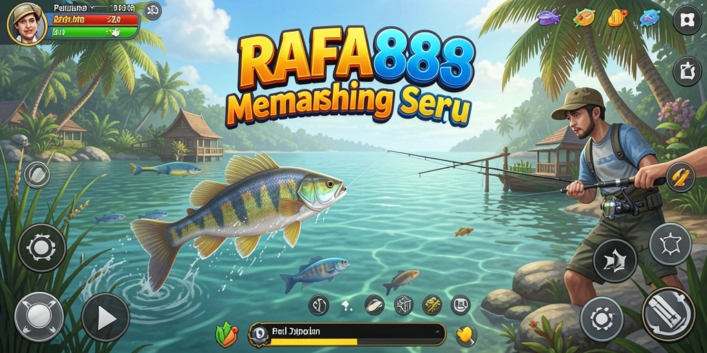 Tampilan screenshot menunjukkan pemain menangkap ikan besar di laut lepas.